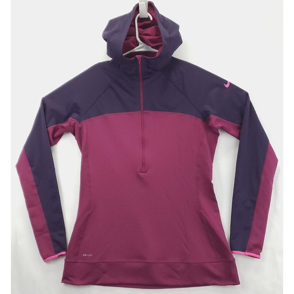 Nike Pro Hoodie Womens Large Purple Pink Dri-Fit Stretch Raglan Sleeve 1/4 Zip